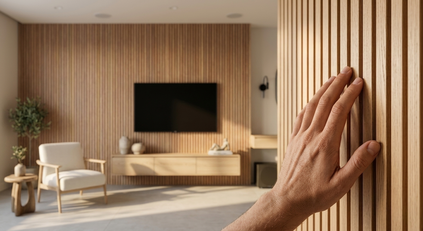 Painel ripado de madeira de pinus aplicado em sala de estar contemporânea